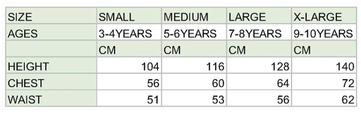 Supplier children’s costume size chart showing Large for ages 7–8, height 128 cm, chest 64 cm and waist 56 cm