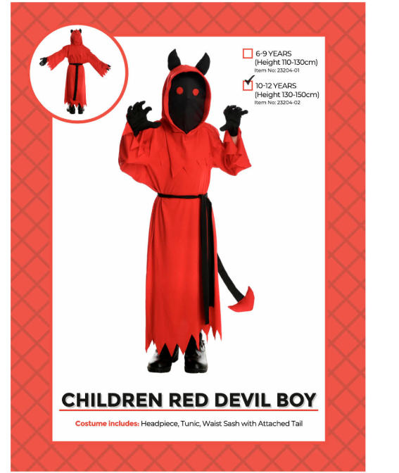 Children’s red devil costume with black horns, red tunic and black waist sash with pointed tail, shown on 10–12 years packaging.