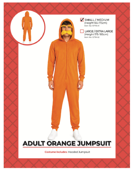 Adult orange hooded jumpsuit costume Small/Medium packaging showing height guide 165–175 cm