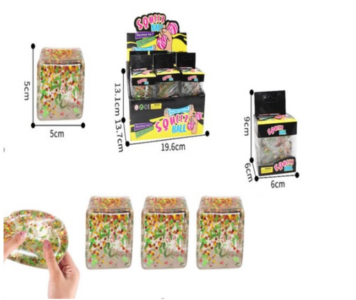 Star cube squishy toys showing clear outer skin with colourful star confetti filling inside
