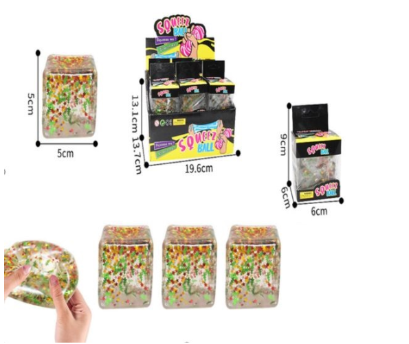 Star cube squishy toys showing clear outer skin with colourful star confetti filling inside