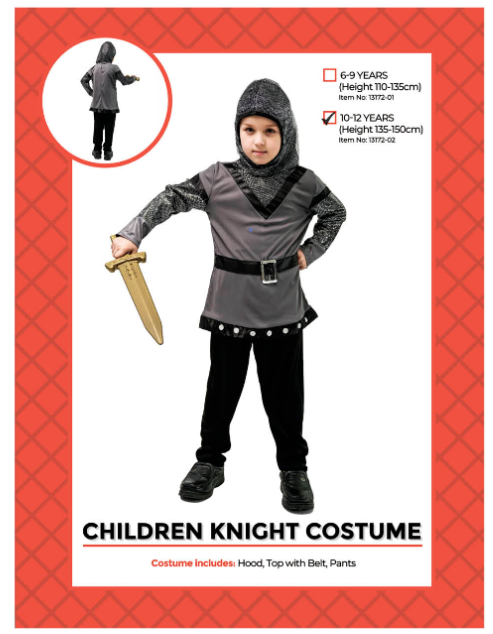 Children's Knight Costume 10-12 Years - hood, top with belt and pants