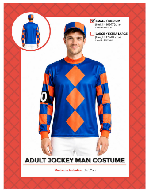 Adult jockey costume with blue and orange top and matching hat, packaging marked Small/Medium, height 165–175 cm