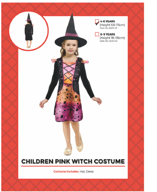 Children’s pink witch dress with black sleeves, pink-and-orange patterned front and matching pointed black hat, shown on 4–6 years packaging.