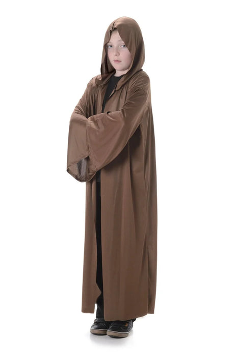 Child wearing a long brown hooded costume robe with wide sleeves, robe only