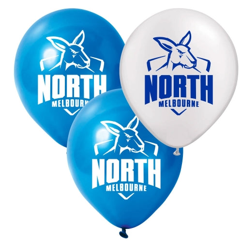 North Melbourne Kangaroos 30cm latex balloon in blue and white team colours, uninflated