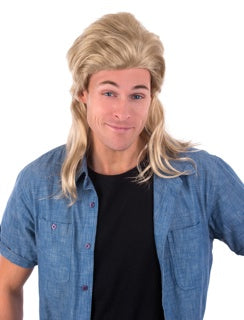 Dirk blonde mullet wig with a short styled top and long back shown on a model