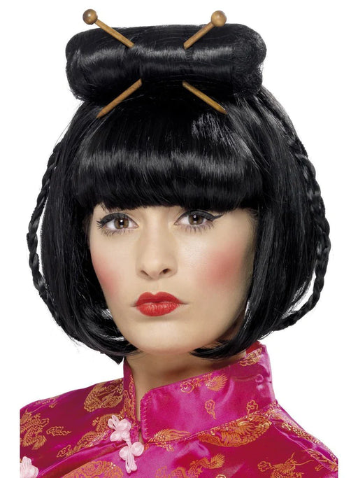 Oriental Lady Wig, Black, Mid Length with Chopsticks