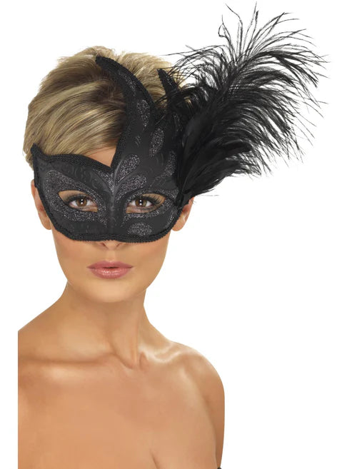 Ornate Colombina Feather Mask, Black