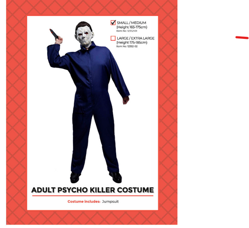 Adult navy long-sleeved psycho killer jumpsuit shown on Small/Medium packaging, styled with a separate white horror mask and prop knife.