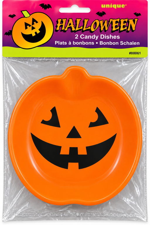 Pack of two orange pumpkin-shaped Halloween candy dishes with black jack-o’-lantern faces in Unique packaging