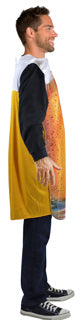 Side view of adult beer pint costume worn over black clothing, showing the golden yellow side panel.