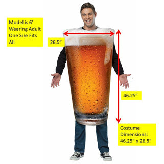 Front view of adult beer pint costume with golden beer print, white foam top and supplier dimension markings of 46.25 by 26.5 inches.