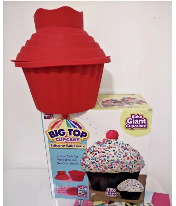Big Top Cupcake silicone bakeware set assembled in red, shown with product box