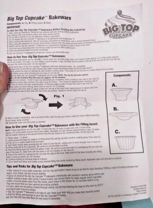 Big Top Cupcake bakeware instruction sheet showing components A, B and C with usage directions