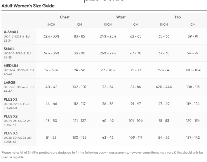 Smiffys women's costume size chart: Small, UK 8–10, US 6–8, EU 36–38; bust 88–90 cm, waist 67–70 cm, hips 94–97 cm.