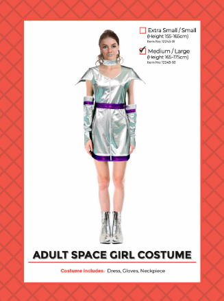 Adult Space Girl costume with silver-coloured dress, purple trim, gloves and neckpiece, shown on a model wearing boots.