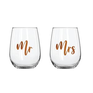 Mr & Mrs Set of 2 Stemless Wine Glasses 600ml