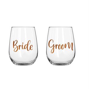Bride & Groom Set of 2 Stemless Wine Glasses 600ml