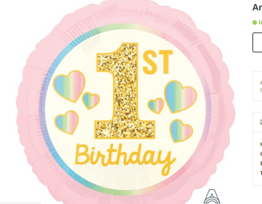 1st Birthday Pink/Iridescent Foil Balloon 43cm