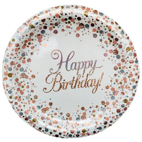 Sparkling Fizz Rose Gold Happy Birthday Plates 8 Pack
