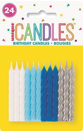 24 Pack Spiral Candles White, Blue, Silver