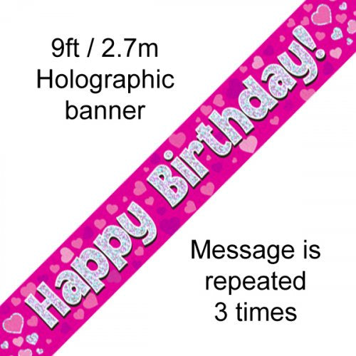 Happy Birthday Pink Holographic 9ft Banner