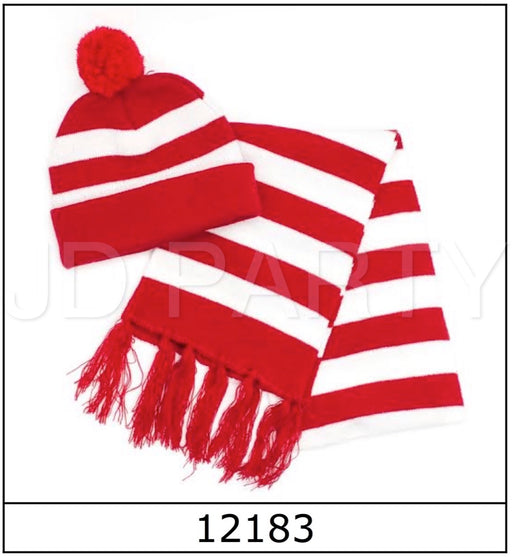 Red & White Beanie And Scarf Set