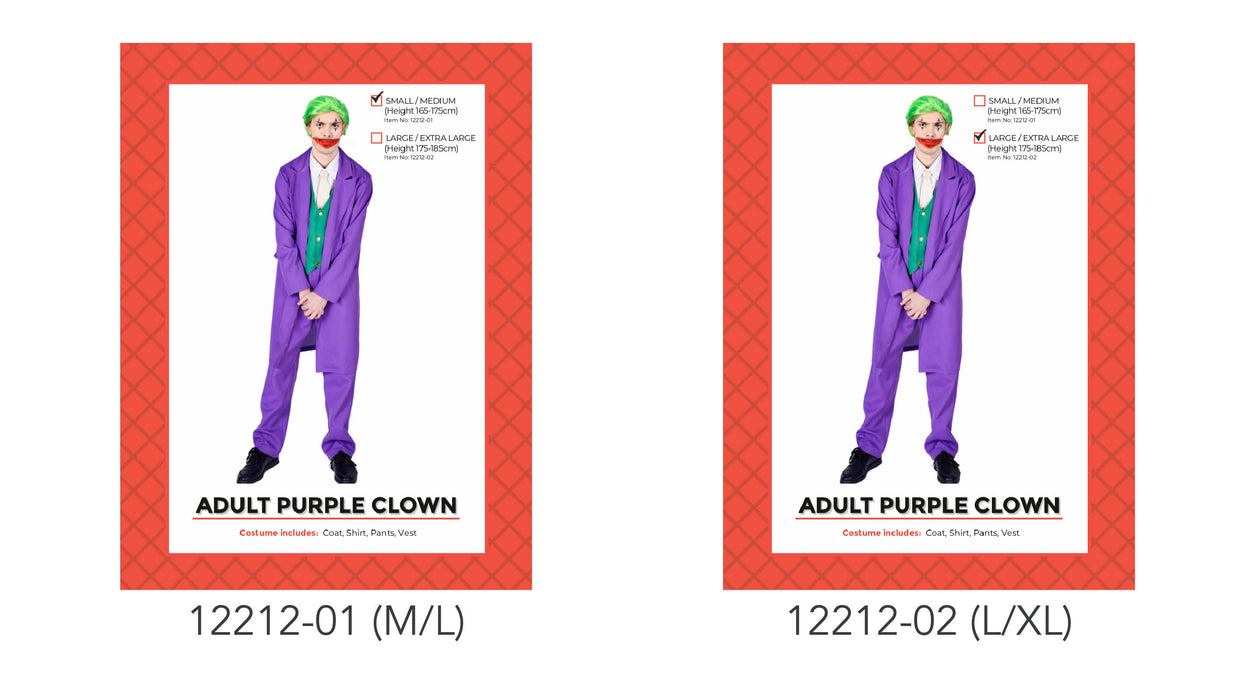 Adult Purple Clown Costume Large/ Xlarge