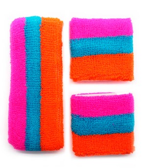 Retro Orange Headband and Wristband Set Striped Fluro Orange,Blue And Pink