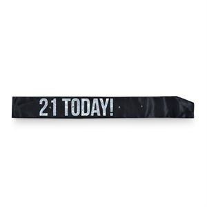 Flashing Black 21th Sash With Silver Foil Lettering