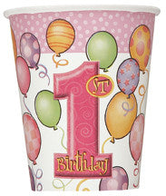 1st Birthday Pink Balloon Cups