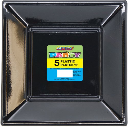 9" Black Square Plastic Plates 5 Pack