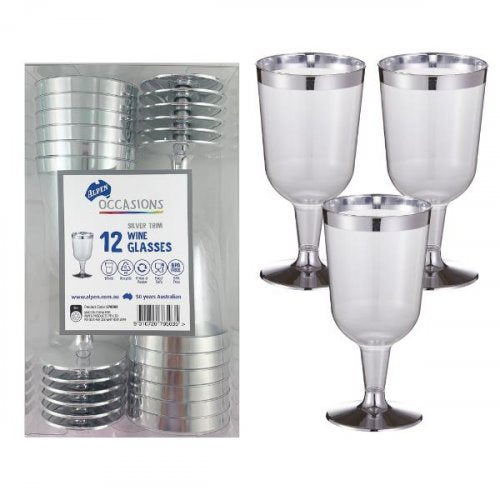 Silver Trim Plastic Wine Glasses 175ml Box12