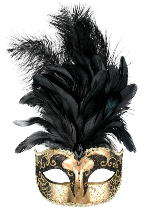 Sienna Black And Gold Eye Mask with Feathers
