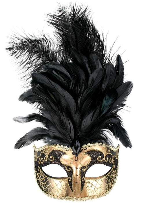 Sienna Black And Gold Eye Mask with Feathers
