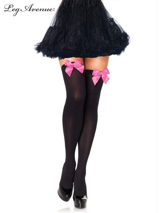 Opaque Thigh High Stockings Black with neon Pink bow