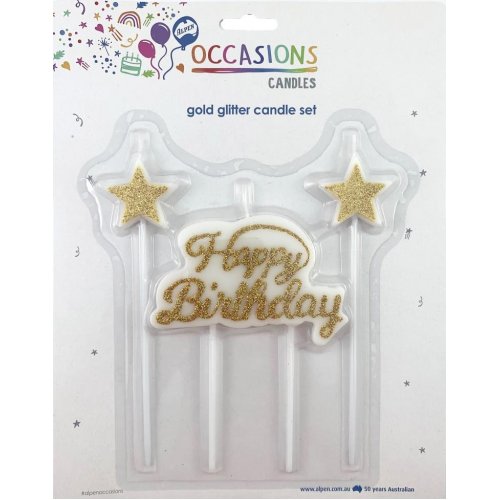 Glitter Candle Set Gold Happy Birthday & Stars