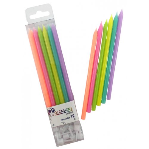 Slim Candles 120mm Pastel Neon Rainbow 12 Pack with Holders