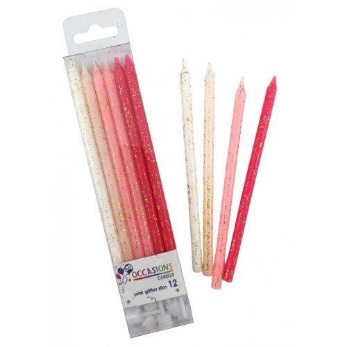 Glitter Candle Slim 120mm with Holders Ombre Colours 12 Pack