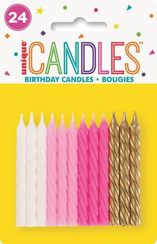 24 Spiral Candles - Pink, White & Gold