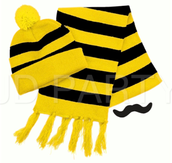 Black & Yellow Beanie, Scarf & Moustache Set