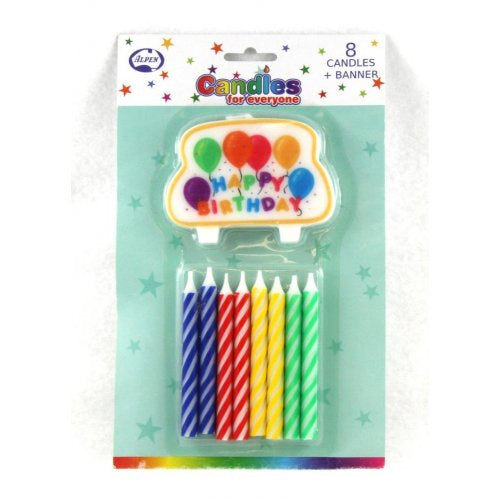 Happy Birthday Banner Candle and 8 Jumbo Spiral Candles