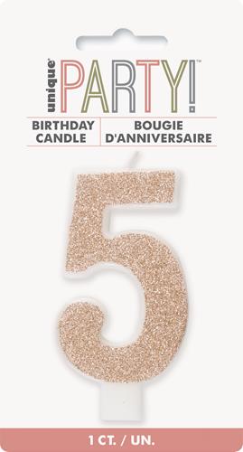 “Rose gold glitter number 5 birthday candle in retail packaging.”