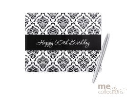 60th Birthday Guest Book with Pen - Black & White Damask