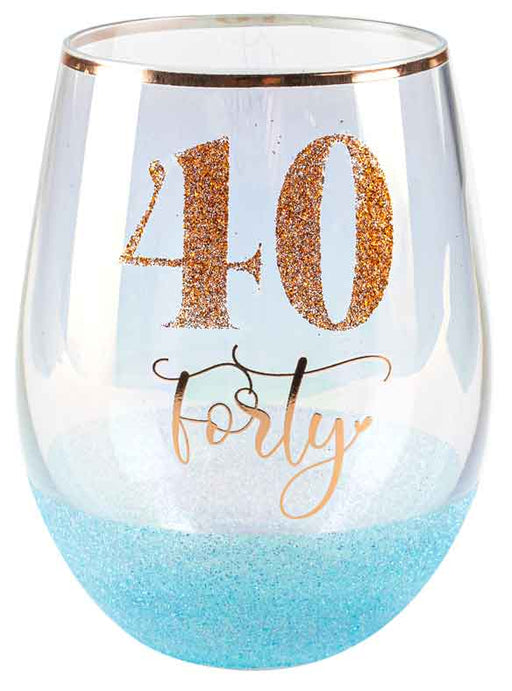 Stemless Blue Glitter 40/Forty Glass