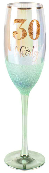 30th Green Glitter Aged Champagne Glasses 150ml