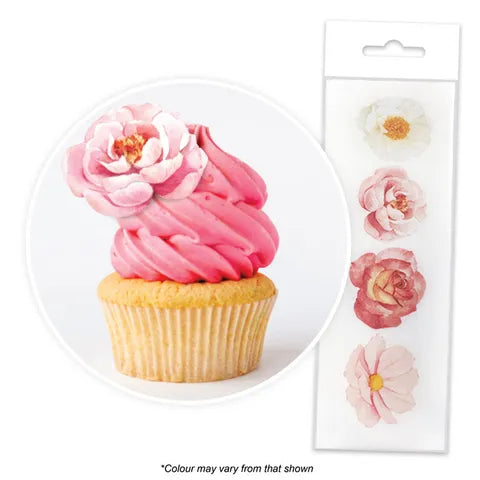 Assorted Flowers Edible Wafer Cupcake Toppers  16 Piece Pack