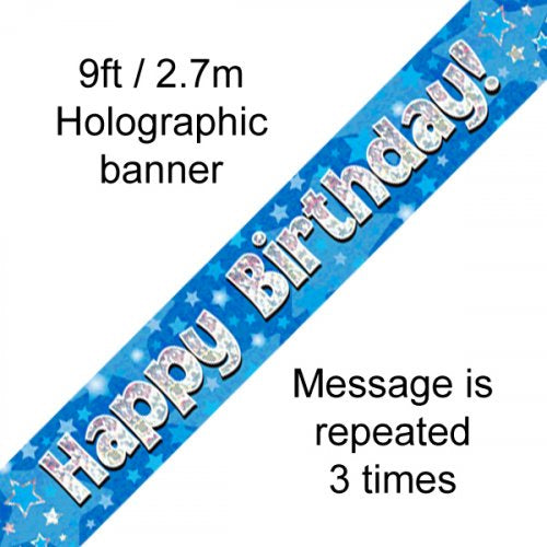 Happy Birthday Blue Holographic 9ft Banner