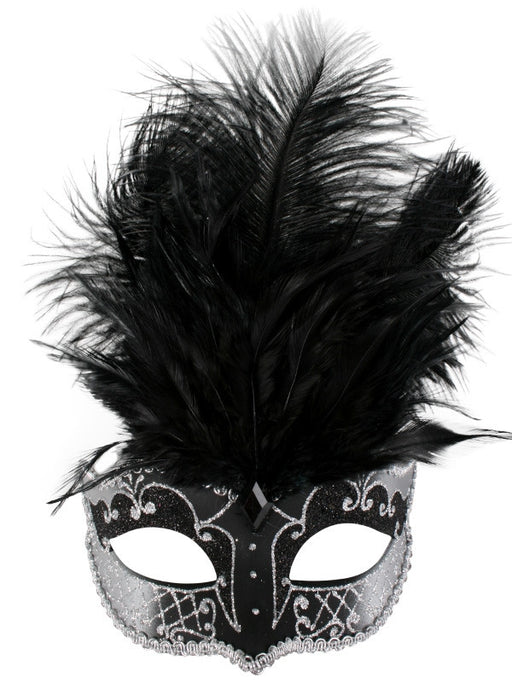 Carmela Black & Silver With Feathers Eye Mask